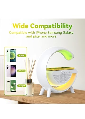 deevudi G-Shape Multifunctional Speaker LED Wireless Charging Speaker with 15W Fast Charging, Bluetooth, FM Radio, RGB Music Sync, Atmosphere Lamp, All-in-One Wireless Charger Speaker